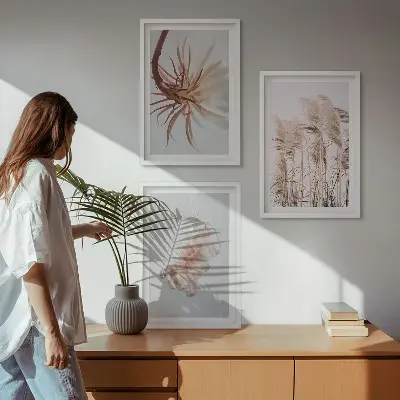 Set de tablouri pentru dormitor cu model de flori de iarbă pe fundal deschis