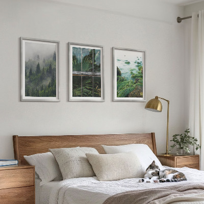 Set tablouri decorative Seră pe malul râului, ceață de pădure