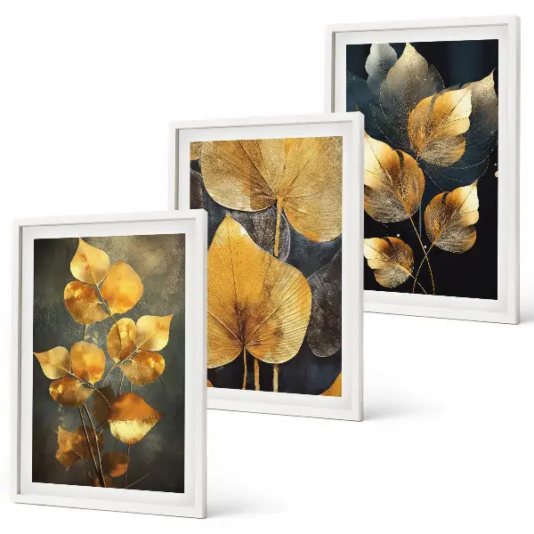 Set tablouri decorative cu frunze galbene pe un fundal întunecat