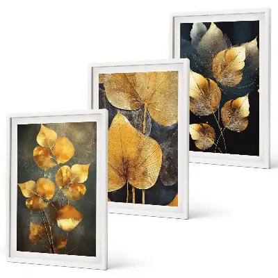 Set tablouri decorative cu frunze galbene pe un fundal întunecat