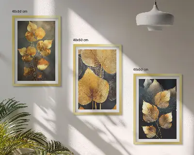 Set tablouri decorative cu frunze galbene pe un fundal întunecat