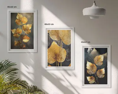 Set tablouri decorative cu frunze galbene pe un fundal întunecat