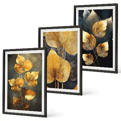Set tablouri decorative cu frunze galbene pe un fundal întunecat