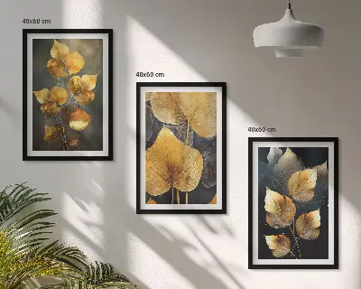 Set tablouri decorative cu frunze galbene pe un fundal întunecat
