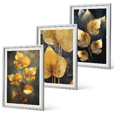 Set tablouri decorative cu frunze galbene pe un fundal întunecat