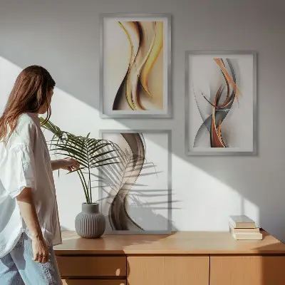 Set de tablouri decorative cu valuri în nuanțe de galben și gri-maro