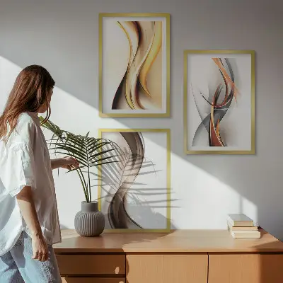 Set de tablouri decorative cu valuri în nuanțe de galben și gri-maro