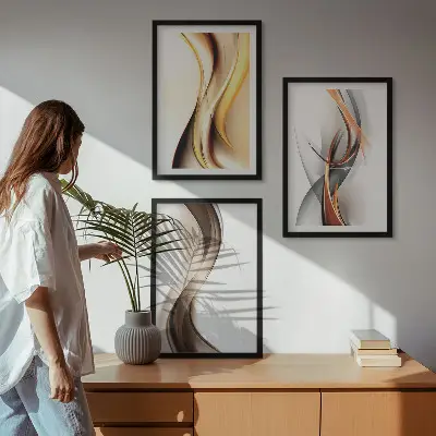 Set de tablouri decorative cu valuri în nuanțe de galben și gri-maro