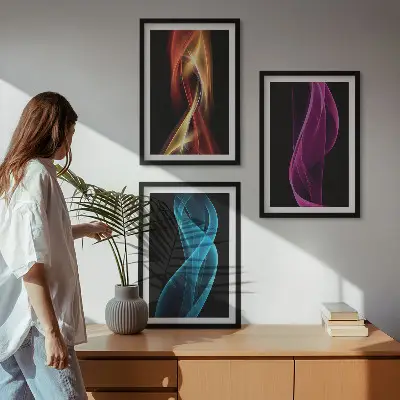 Set tablouri decorative linii de valuri neon pe fundal întunecat