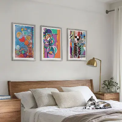Set tablouri pentru dormitor cu geometrie abstractă și cercuri colorate