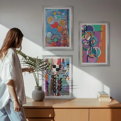 Set tablouri pentru dormitor cu geometrie abstractă și cercuri colorate