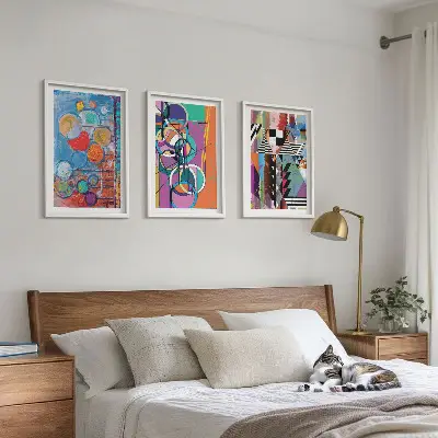Set tablouri pentru dormitor cu geometrie abstractă și cercuri colorate