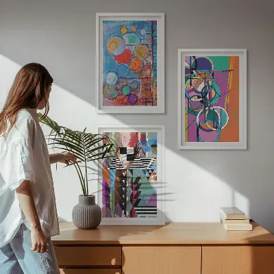 Set tablouri pentru dormitor cu geometrie abstractă și cercuri colorate