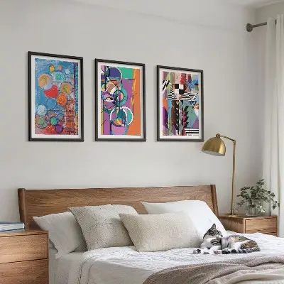 Set tablouri pentru dormitor cu geometrie abstractă și cercuri colorate