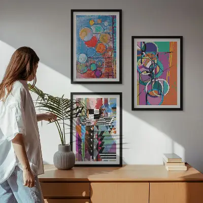 Set tablouri pentru dormitor cu geometrie abstractă și cercuri colorate