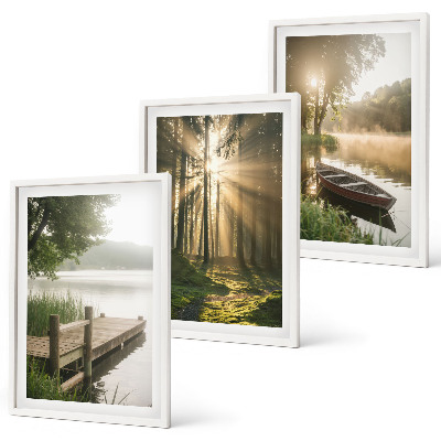 Set tablouri decorative Lac, pădure, barcă, ceață de dimineață