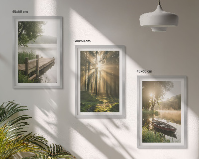 Set tablouri decorative Lac, pădure, barcă, ceață de dimineață