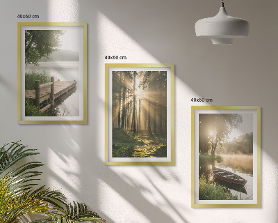Set tablouri decorative Lac, pădure, barcă, ceață de dimineață