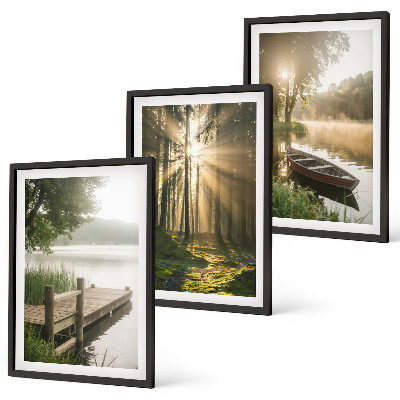 Set tablouri decorative Lac, pădure, barcă, ceață de dimineață