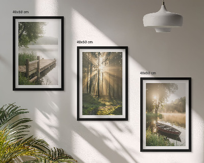 Set tablouri decorative Lac, pădure, barcă, ceață de dimineață