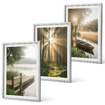 Set tablouri decorative Lac, pădure, barcă, ceață de dimineață