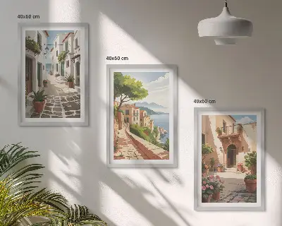 Set de tablouri pentru dormitor cu străzi, case, plante și ghivece