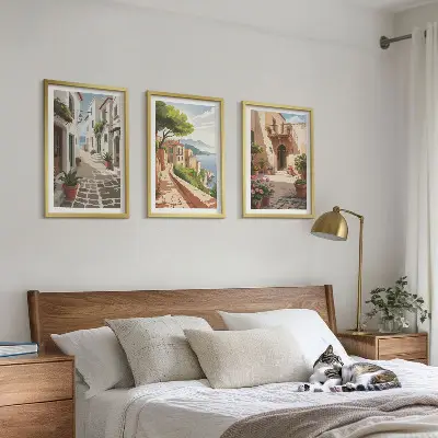 Set de tablouri pentru dormitor cu străzi, case, plante și ghivece