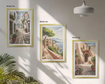 Set de tablouri pentru dormitor cu străzi, case, plante și ghivece
