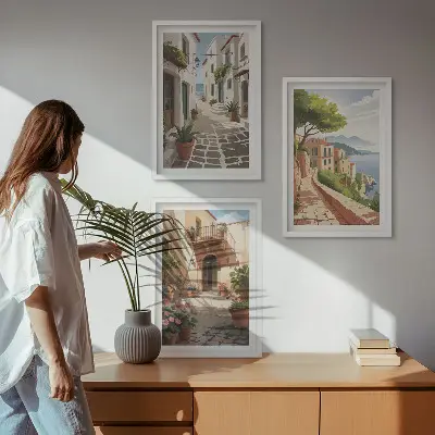 Set de tablouri pentru dormitor cu străzi, case, plante și ghivece