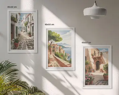 Set de tablouri pentru dormitor cu străzi, case, plante și ghivece