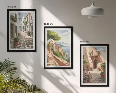 Set de tablouri pentru dormitor cu străzi, case, plante și ghivece