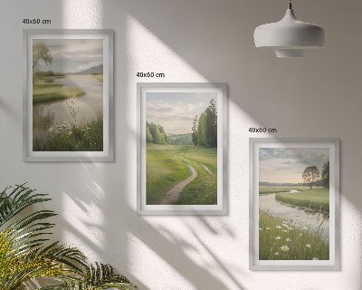 Set tablouri decorative Peisaje de vară cu râu, pajiște cu flori