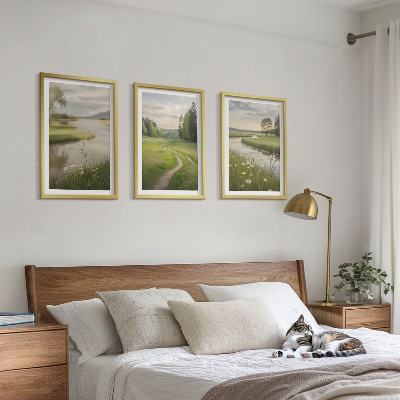 Set tablouri decorative Peisaje de vară cu râu, pajiște cu flori