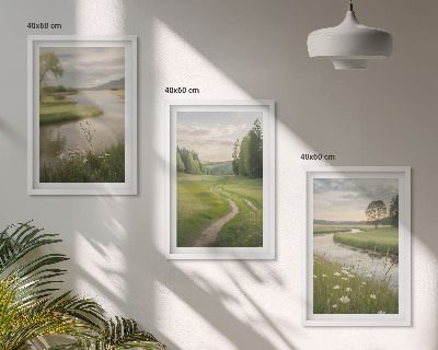 Set tablouri decorative Peisaje de vară cu râu, pajiște cu flori