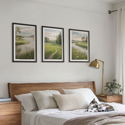 Set tablouri decorative Peisaje de vară cu râu, pajiște cu flori