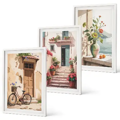 Set de tablouri pentru dormitor cu tematică de străzi, flori și biciclete