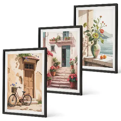 Set de tablouri pentru dormitor cu tematică de străzi, flori și biciclete