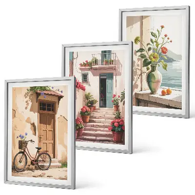 Set de tablouri pentru dormitor cu tematică de străzi, flori și biciclete