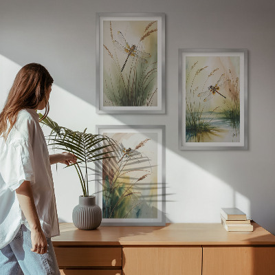 Set tablouri decorative Pictură cu apă pe iarbă cu libelule
