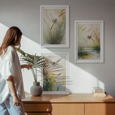 Set tablouri decorative Pictură cu apă pe iarbă cu libelule