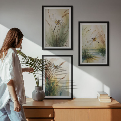 Set tablouri decorative Pictură cu apă pe iarbă cu libelule