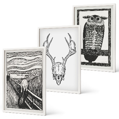Set tablouri decorative Grafică cu bufniță cu craniu care țipă