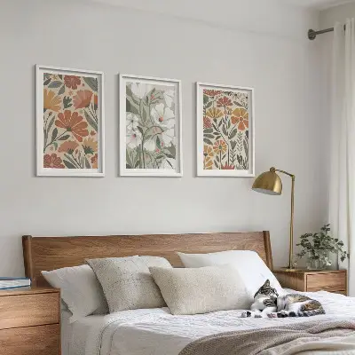 Set de tablouri pentru dormitor cu modele florale în nuanțe de portocaliu și verde