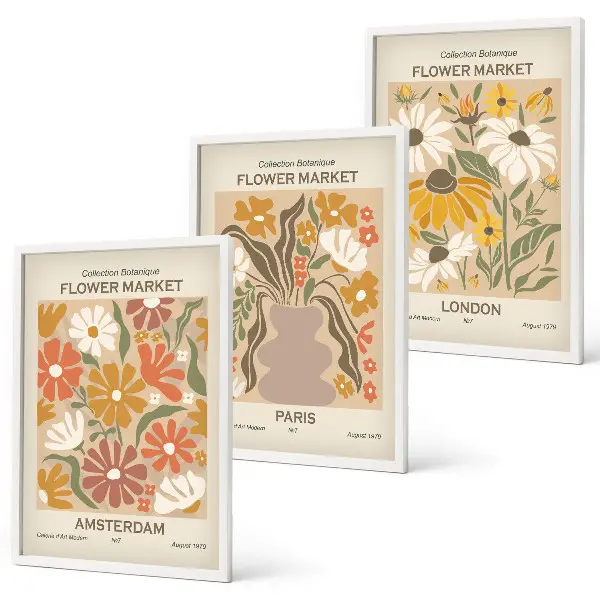 Set tablouri decorative cu modele florale inspirate din Amsterdam, Paris și Londra