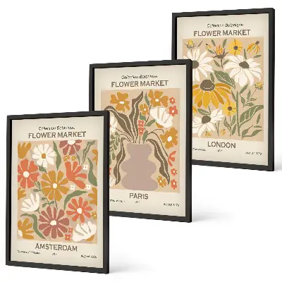 Set tablouri decorative cu modele florale inspirate din Amsterdam, Paris și Londra