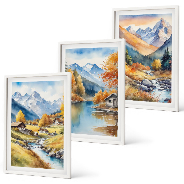 Set tablouri decorative Case de râu în munți de toamnă
