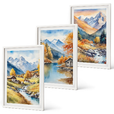 Set tablouri decorative Case de râu în munți de toamnă