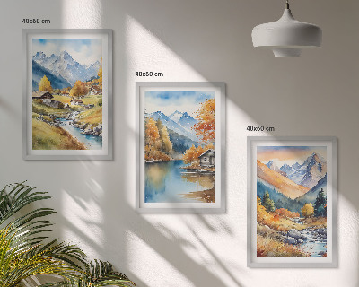Set tablouri decorative Case de râu în munți de toamnă