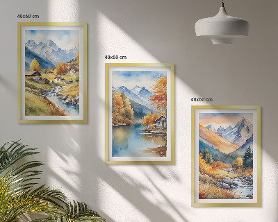 Set tablouri decorative Case de râu în munți de toamnă