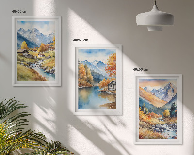 Set tablouri decorative Case de râu în munți de toamnă